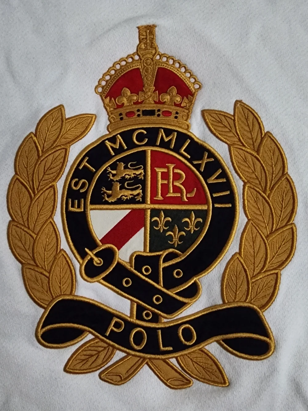Ralph Lauren White Long Sleeve Sweatshirt with Navy Trim and Gold Crest. L-XL